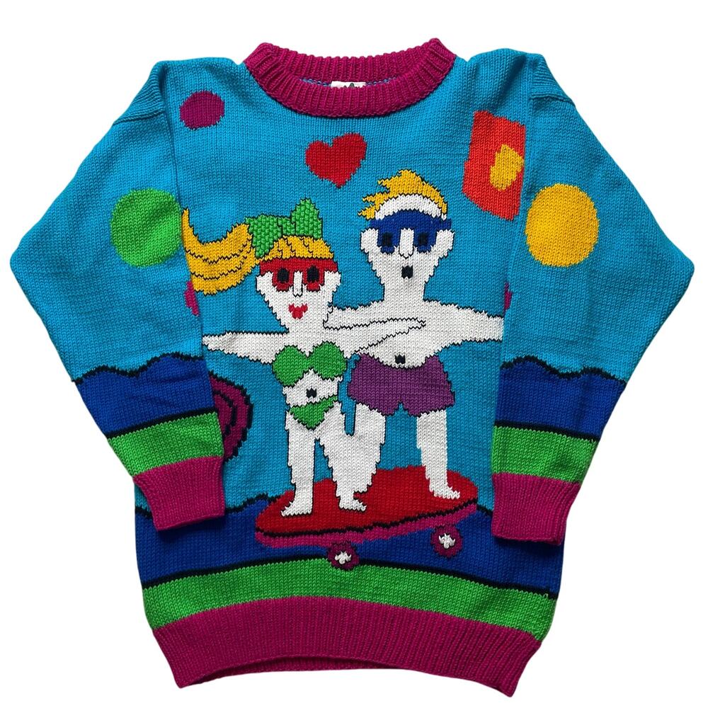 Vintage Summer Lovers Crew Neck Knit Sweater Sz Small Colorful Retro 90s Cotton